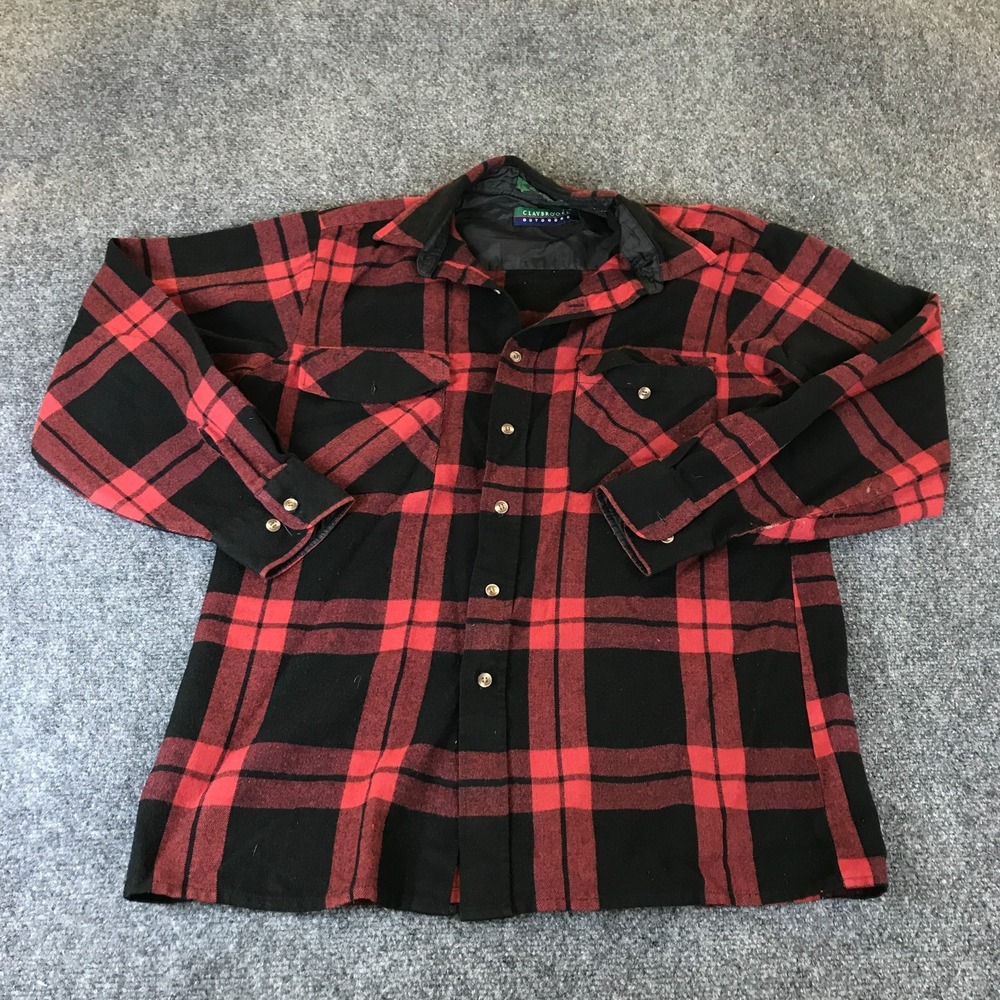 Claybrooke Outdoors Flannel Shirt Men's L Red Black Plaid Pockets Button Up READ